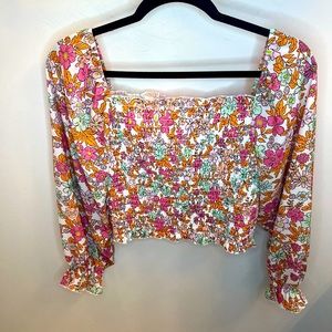 PINK LILY Smocked Cropped Floral Long Sleeve Top Multicolor Size L